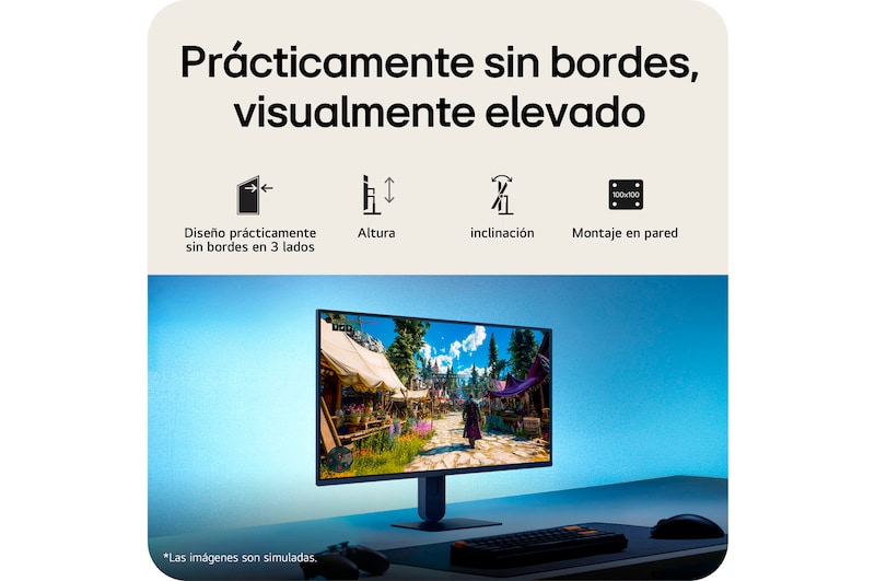 Esta imagen muestra un monitor gaming UltraGear™ en una configuración de escritorio, visualizando una escena de juego, con iconos que indican un diseño sin bordes en tres lados, ajuste de altura, soporte de inclinación y compatibilidad con montaje en pared.