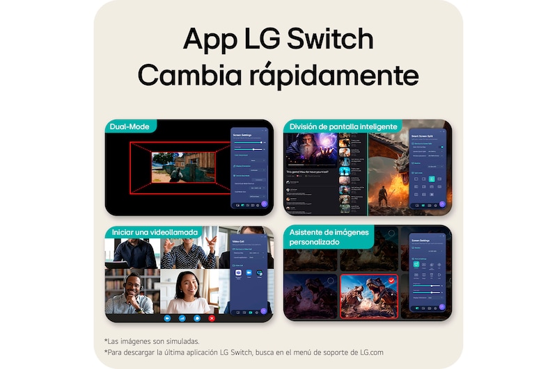 Esta imagen destaca la interfaz de la aplicación LG Switch, mostrando funciones como el modo Dual, la división inteligente de pantalla, el inicio de videollamadas y el Asistente de imagen personalizado, para un control más inteligente y una transición de pantalla fluida.