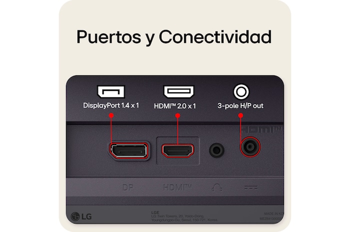 Vista trasera de un monitor gaming que muestra sus puertos de conectividad, incluyendo una entrada HDMI™ 2.1, un puerto DisplayPort 1.4 y una salida de auriculares (H/P) de 3 polos.