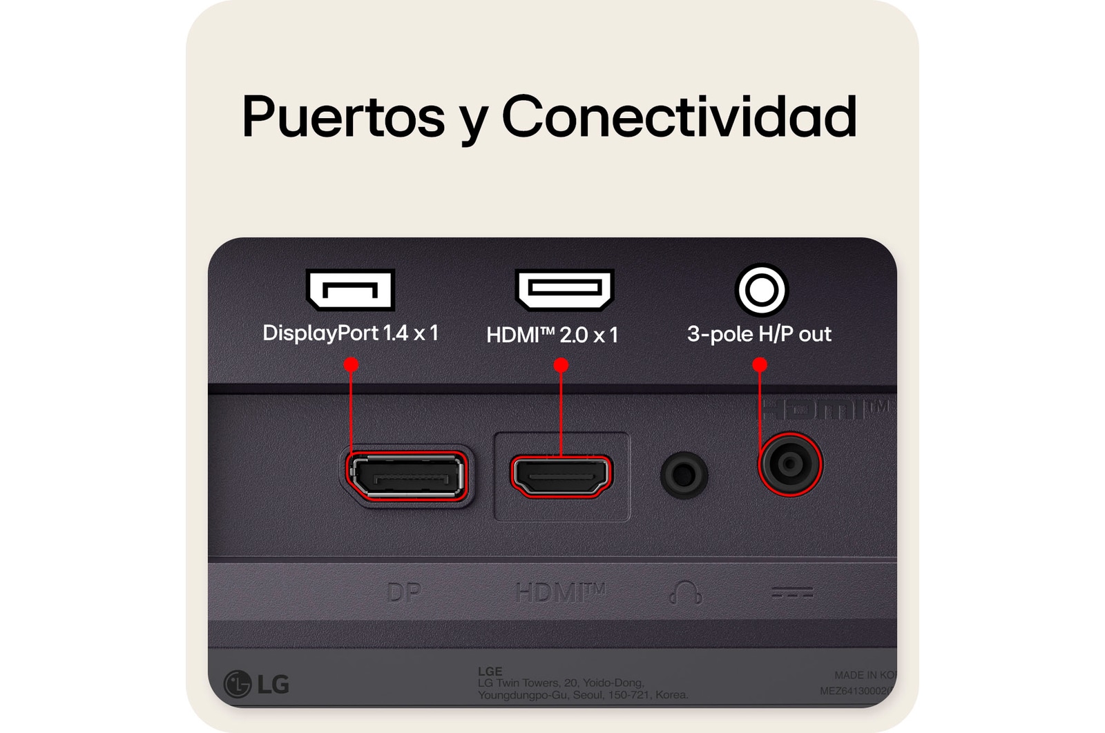 Vista trasera de un monitor gaming que muestra sus puertos de conectividad, incluyendo una entrada HDMI™ 2.1, un puerto DisplayPort 1.4 y una salida de auriculares (H/P) de 3 polos.