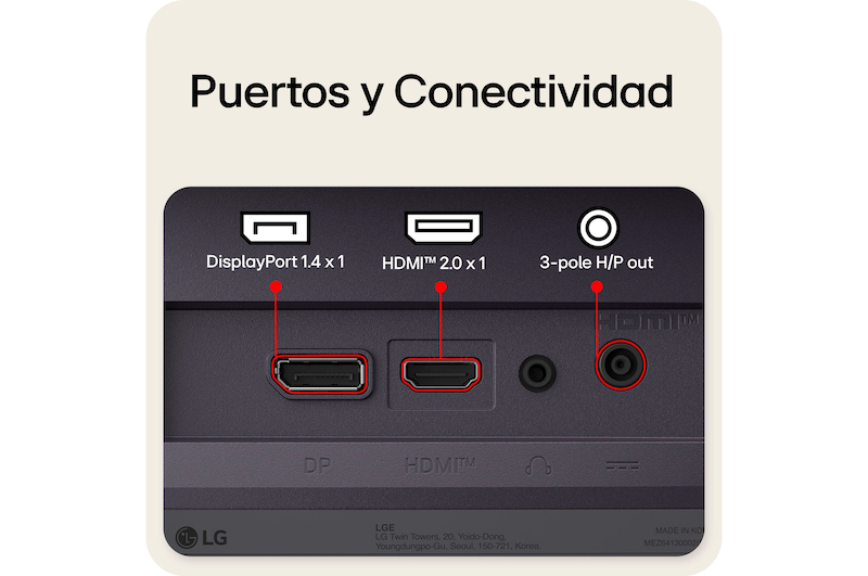 Vista trasera de un monitor gaming que muestra sus puertos de conectividad, incluyendo una entrada HDMI™ 2.1, un puerto DisplayPort 1.4 y una salida de auriculares (H/P) de 3 polos.
