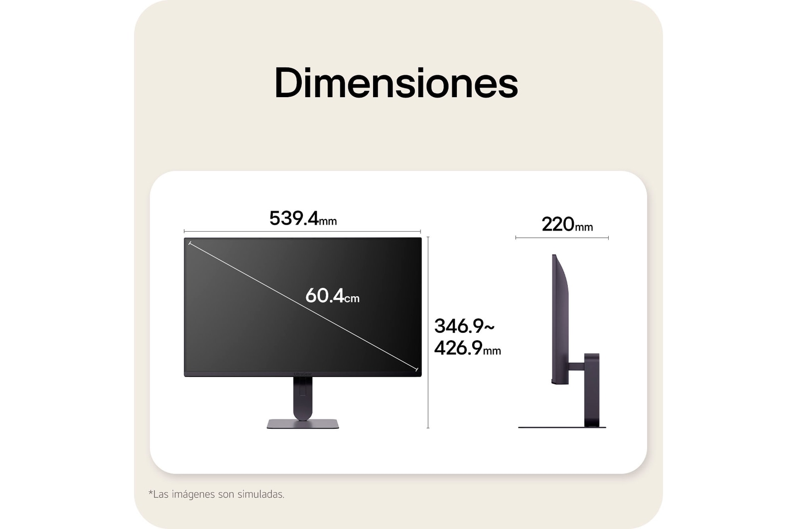 Vistas frontal y lateral de un monitor gaming, que ilustran sus dimensiones generales y el diseño de su perfil.