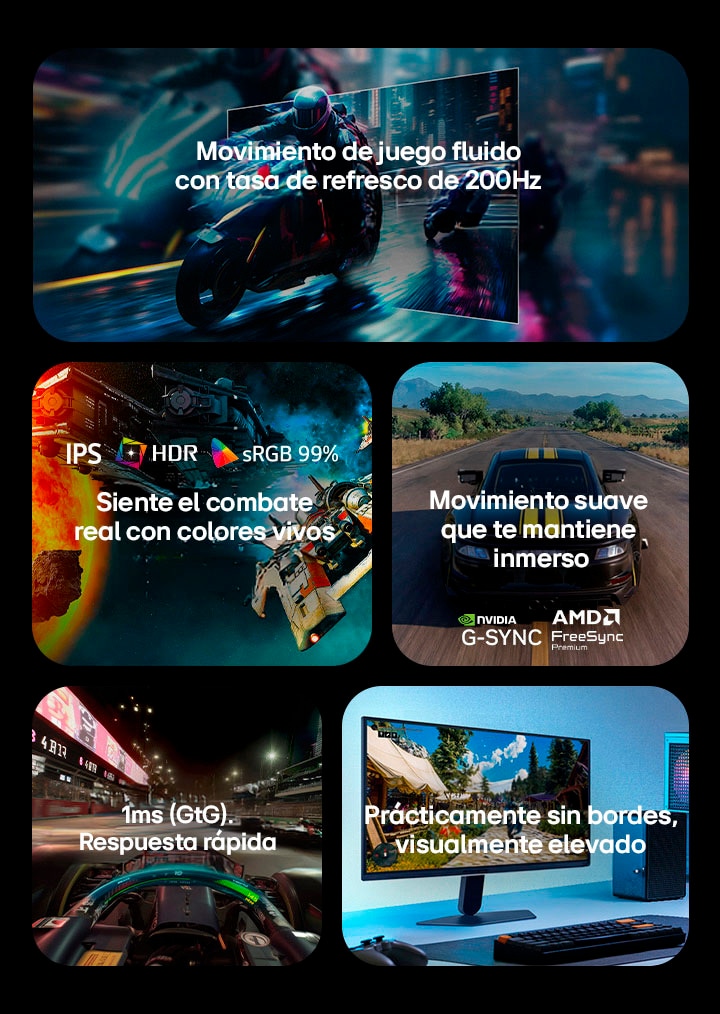 This image presents key features of an LG gaming monitor, including a 200Hz refresh rate for fluid motion, IPS display with HDR and sRGB 99% color for vivid visuals, smooth gameplay with NVIDIA G-SYNC and AMD FreeSync Premium support, 1ms(GtG) response time for fast-paced gaming, and a virtually borderless design for an immersive setup.