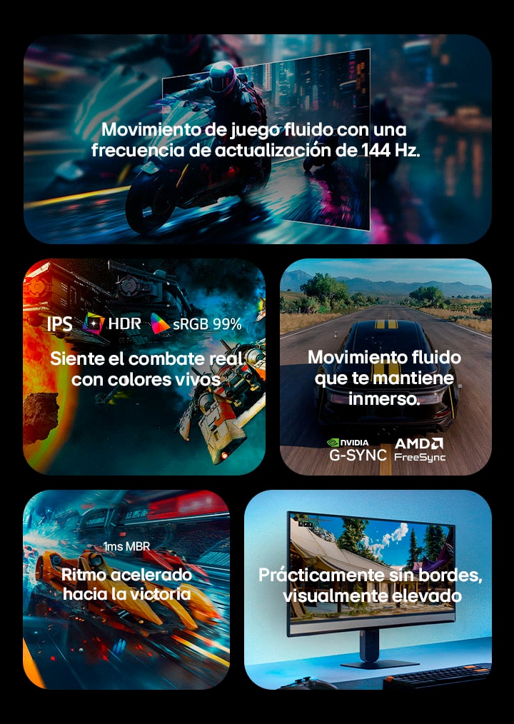 This image presents key features of an LG gaming monitor, including a 144Hz refresh rate for fluid motion, IPS display with HDR and sRGB 99% color for vivid visuals, smooth gameplay with NVIDIA G-SYNC and AMD FreeSync support, 1ms MBR response time for fast-paced gaming, and a virtually borderless design for an immersive setup.
