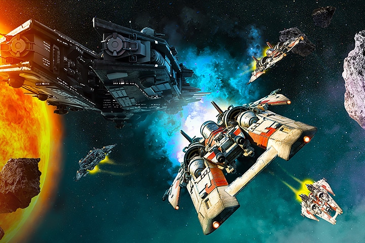 Futuristic space battle scene on the UltraGear™ monitor, showcasing vivid colors and rich contrast with bright explosions, glowing planets, and detailed spacecraft against a colorful cosmic background.