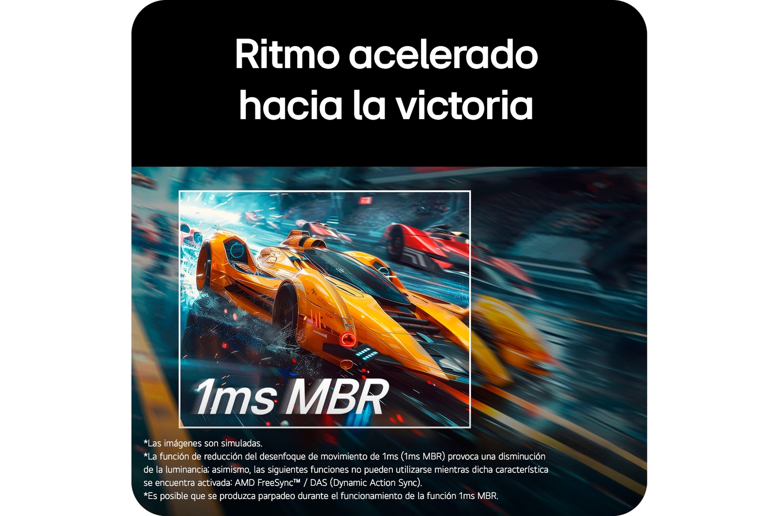 En la pantalla se muestra un coche de carreras amarillo avanzando a gran velocidad, con la inscripción «1ms MBR» destacada en primer plano.
