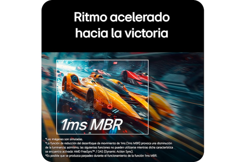 En la pantalla se muestra un coche de carreras amarillo avanzando a gran velocidad, con la inscripción «1ms MBR» destacada en primer plano.
