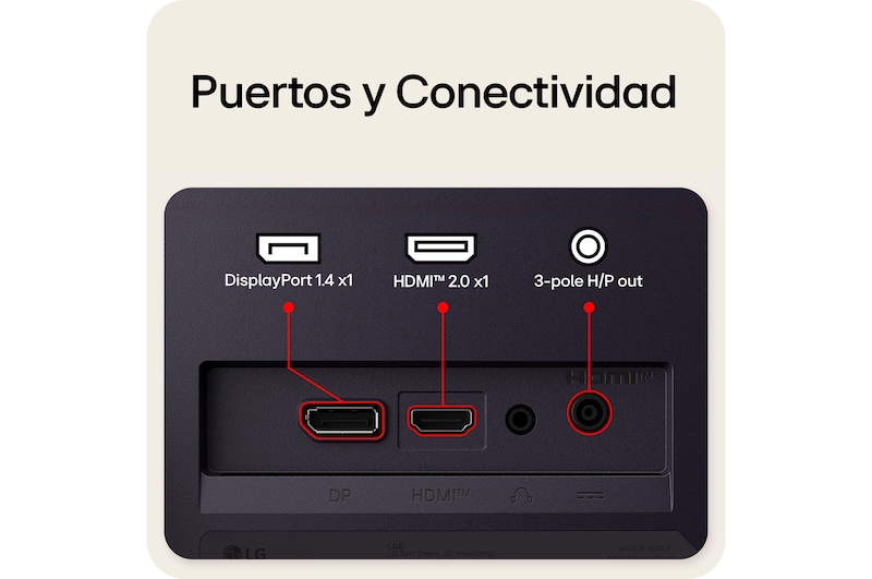 Vista trasera de un monitor gaming que muestra sus puertos de conectividad, incluyendo una entrada HDMI™ 2.1, un puerto DisplayPort 1.4 y una salida de auriculares (H/P) de 3 polos.