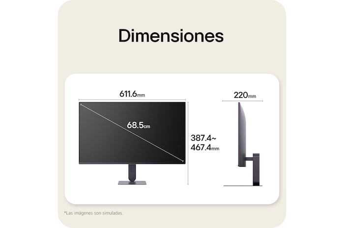 Vistas frontal y lateral de un monitor gaming, que ilustran sus dimensiones generales y el diseño de su perfil.