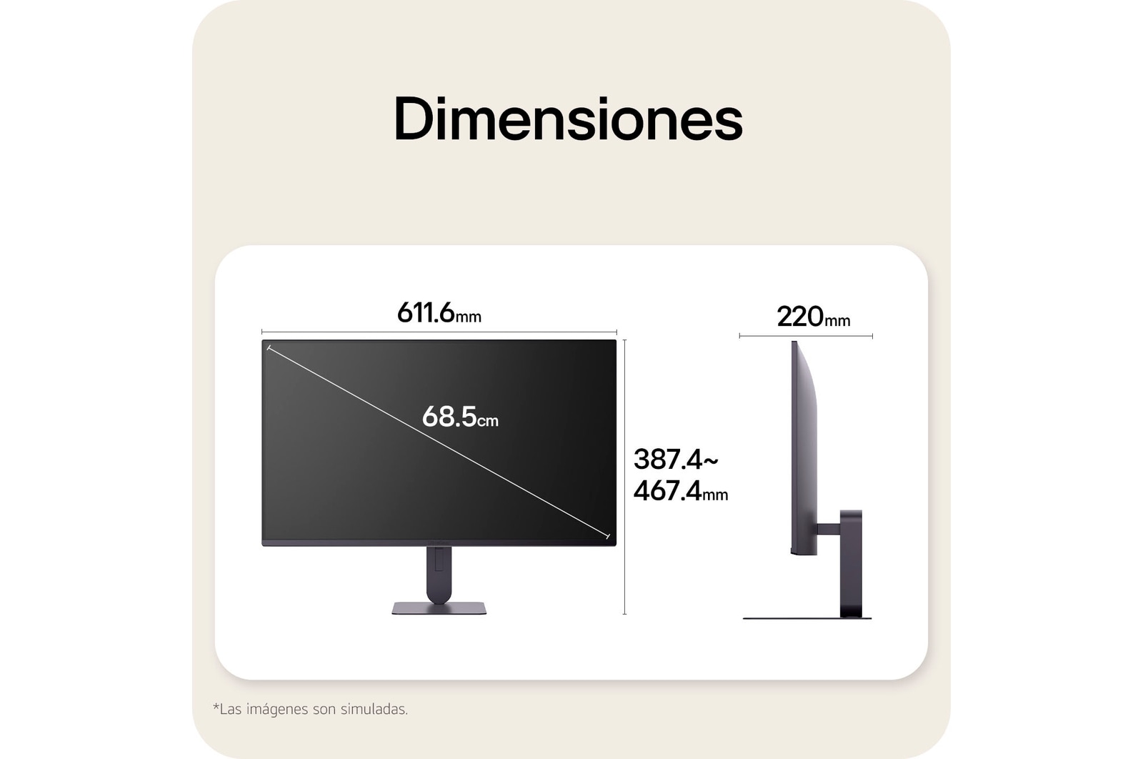 Vistas frontal y lateral de un monitor gaming, que ilustran sus dimensiones generales y el diseño de su perfil.