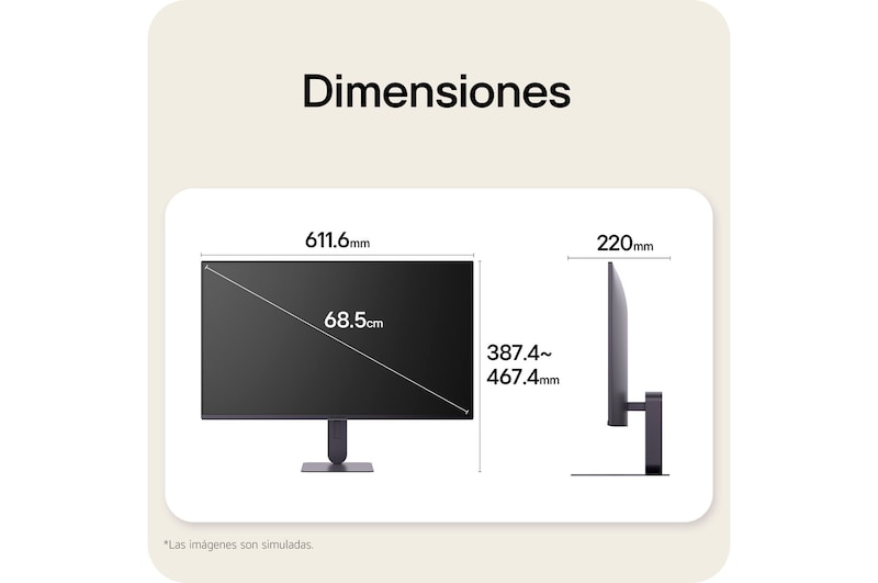 Vistas frontal y lateral de un monitor gaming, que ilustran sus dimensiones generales y el diseño de su perfil.