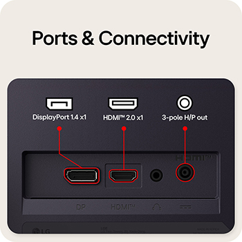 Vista trasera de un monitor gaming que muestra sus puertos de conectividad, incluyendo una entrada HDMI™ 2.1, un puerto DisplayPort 1.4 y una salida de auriculares (H/P) de 3 polos.