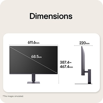 Vistas frontal y lateral de un monitor gaming, que ilustran sus dimensiones generales y el diseño de su perfil.