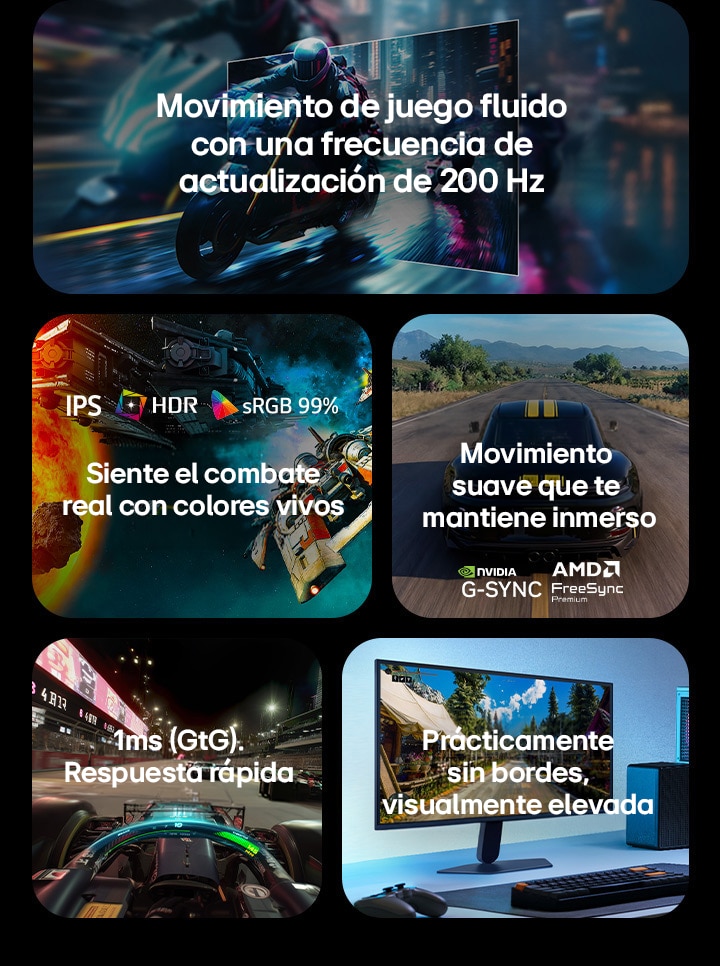 This image presents key features of an LG gaming monitor, including a 200Hz refresh rate for fluid motion, IPS display with HDR and sRGB 99% color for vivid visuals, smooth gameplay with NVIDIA G-SYNC and AMD FreeSync Premium support, 1ms(GtG) response time for fast-paced gaming, and a virtually borderless design for an immersive setup.	