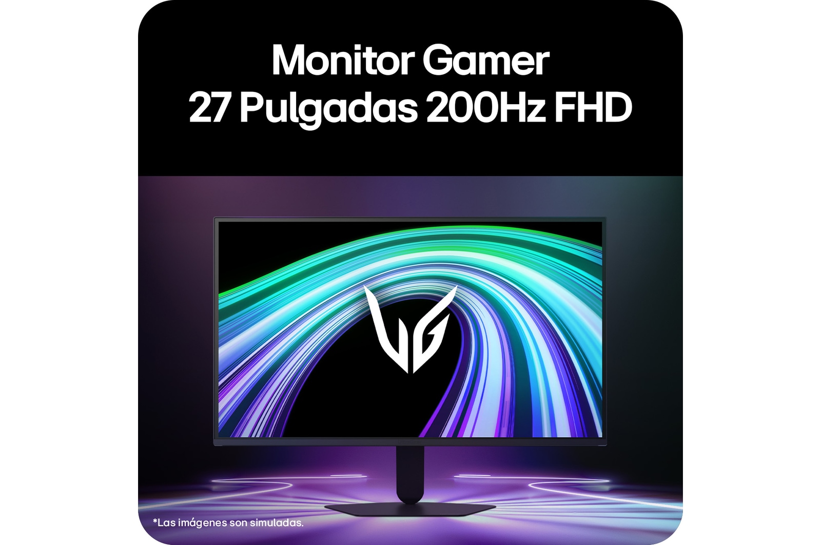 Vista frontal de un monitor gaming exhibido en un entorno futurista de estilo neón.