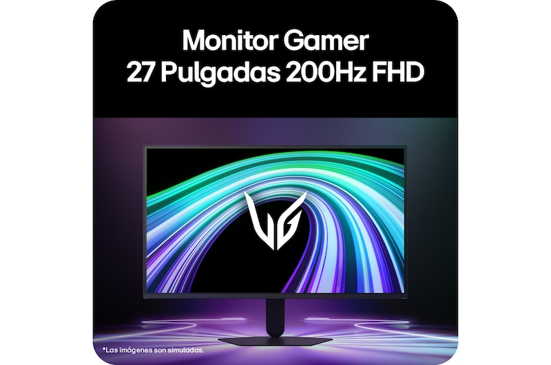 Vista frontal de un monitor gaming exhibido en un entorno futurista de estilo neón.