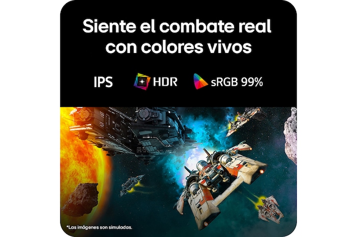 Escena de batalla futurista mostrada en un monitor gaming, exhibiendo colores vívidos con una gama cromática sRGB del 99%, tecnología IPS y certificación HDR.