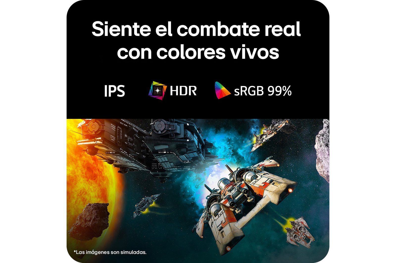 Escena de batalla futurista mostrada en un monitor gaming, exhibiendo colores vívidos con una gama cromática sRGB del 99%, tecnología IPS y certificación HDR.