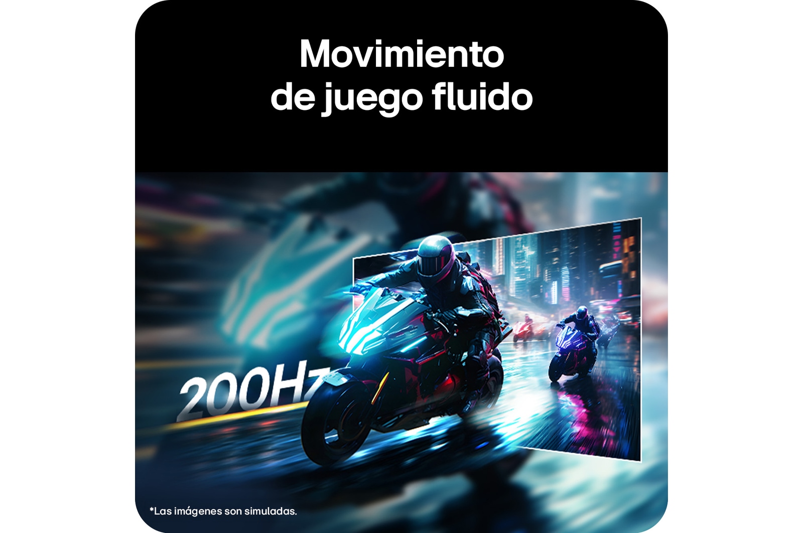 Escena de una carrera de motocicletas mostrada en un monitor gaming, ilustrando una frecuencia de actualización de 200 Hz para un movimiento fluido en el juego.