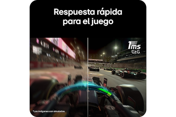 Imagen comparativa que muestra las rápidas transiciones en pantalla, posibles gracias a un tiempo de respuesta de 1ms (GtG), lo que ofrece imágenes de juego más fluidas y con mayor capacidad de respuesta en un monitor gaming.