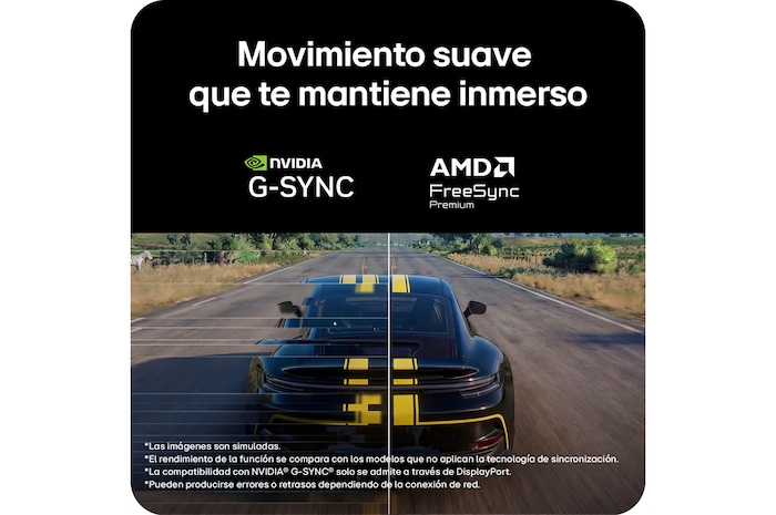 Escena de carreras de Assetto Corsa Competizione mostrada en un monitor gaming, con soporte para Adaptive Sync (NVIDIA G-SYNC y AMD FreeSync Premium) para una experiencia de juego fluida y sin desgarros de imagen.
