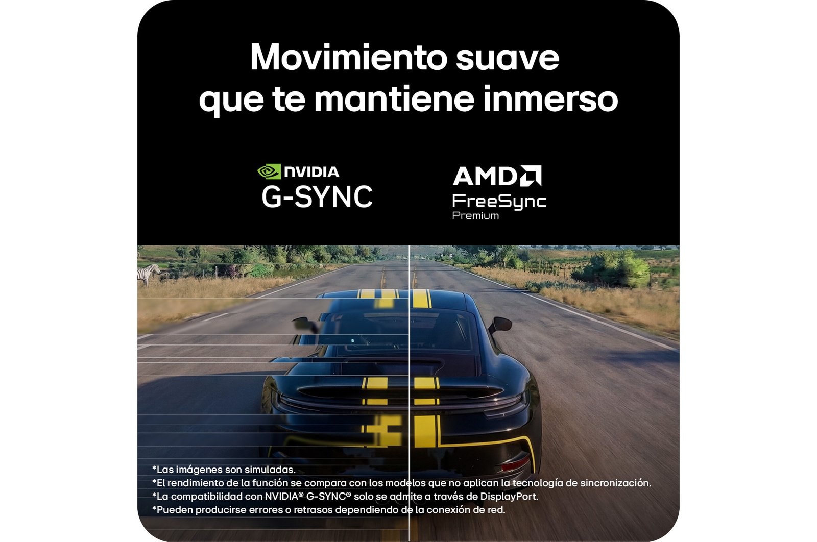 Escena de carreras de Assetto Corsa Competizione mostrada en un monitor gaming, con soporte para Adaptive Sync (NVIDIA G-SYNC y AMD FreeSync Premium) para una experiencia de juego fluida y sin desgarros de imagen.