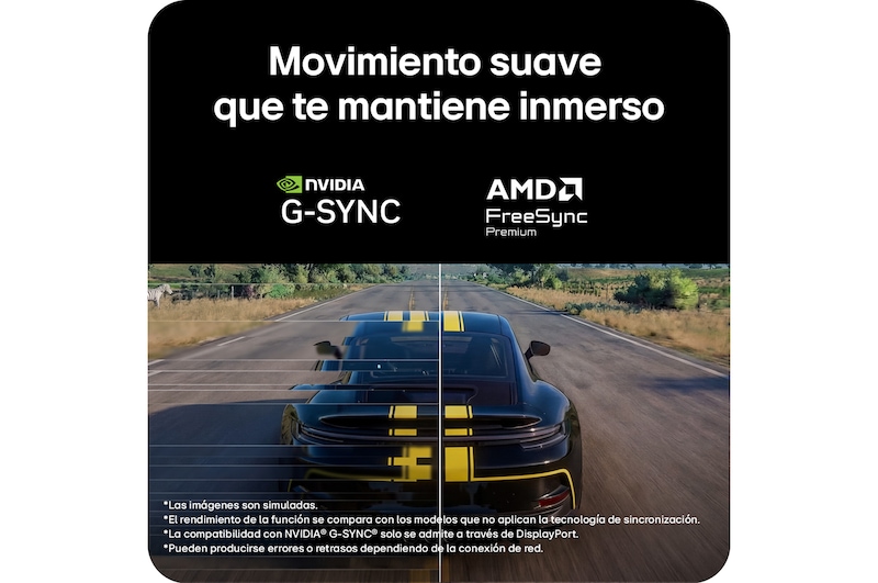 Escena de carreras de Assetto Corsa Competizione mostrada en un monitor gaming, con soporte para Adaptive Sync (NVIDIA G-SYNC y AMD FreeSync Premium) para una experiencia de juego fluida y sin desgarros de imagen.