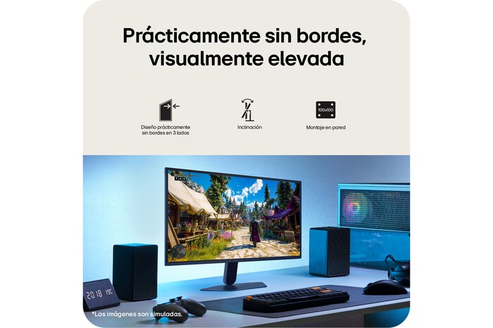Esta imagen muestra un monitor gaming UltraGear™ en una configuración de escritorio, visualizando una escena de juego, con iconos que indican un diseño sin bordes en tres lados, ajuste de altura, soporte de inclinación y compatibilidad con montaje en pared.