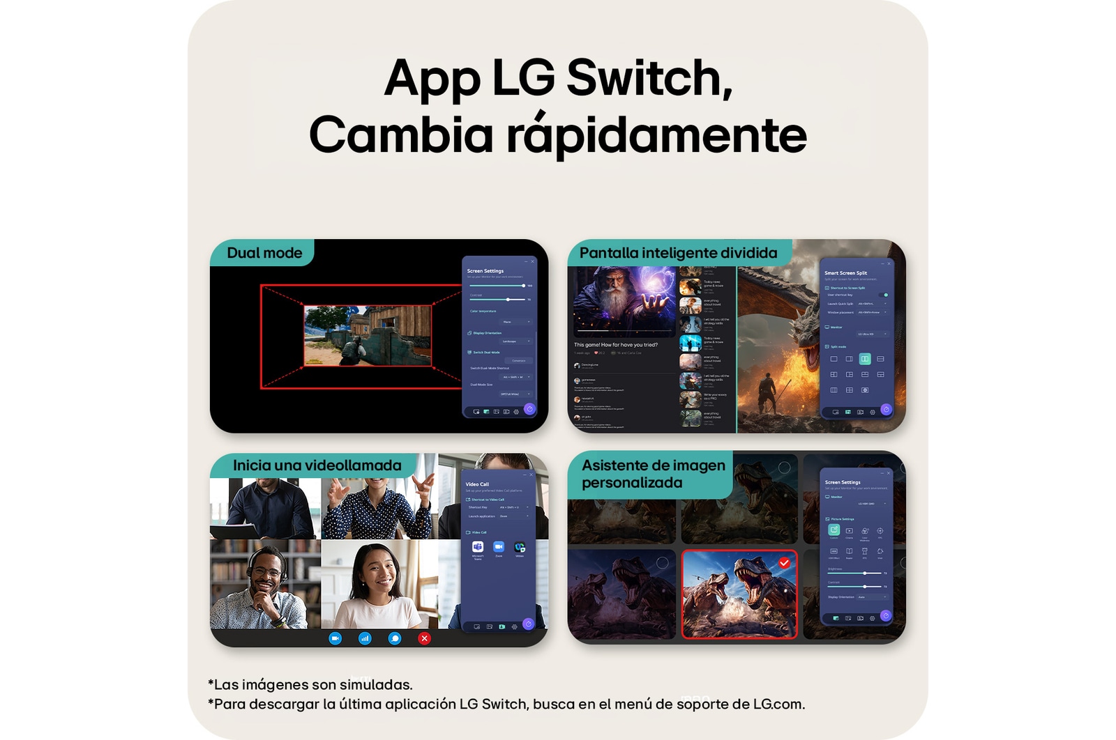 Imagen general de las características que muestra la interfaz de un monitor gaming, con ajuste de visualización de Dual-Mode, Smart Screen Split para diseños multitarea, inicio de videollamadas con un solo clic y un Asistente de Imagen Personalizado para configurar los ajustes de pantalla a medida.