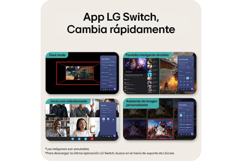 Imagen general de las características que muestra la interfaz de un monitor gaming, con ajuste de visualización de Dual-Mode, Smart Screen Split para diseños multitarea, inicio de videollamadas con un solo clic y un Asistente de Imagen Personalizado para configurar los ajustes de pantalla a medida.