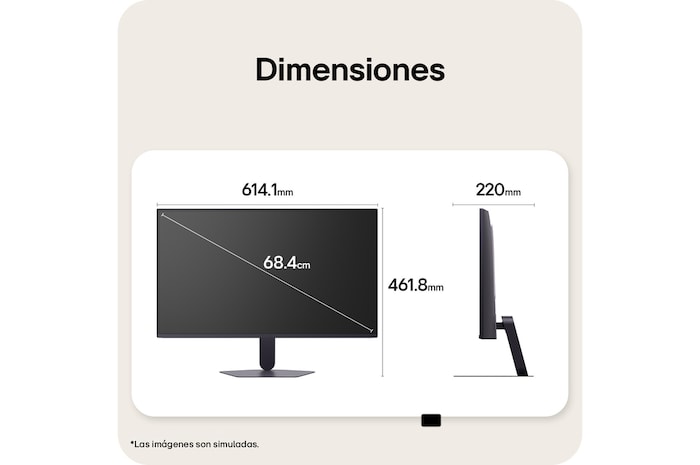 Vistas frontal y lateral de un monitor gaming, que ilustran sus dimensiones generales y el diseño de su perfil.