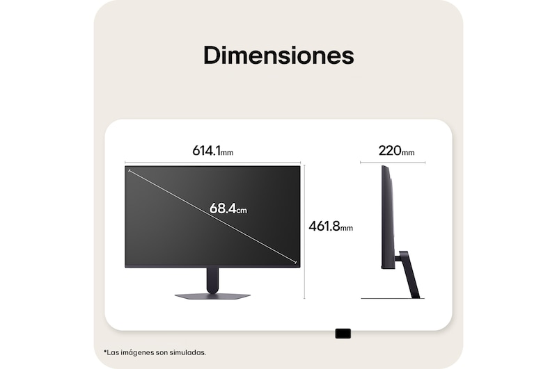 Vistas frontal y lateral de un monitor gaming, que ilustran sus dimensiones generales y el diseño de su perfil.