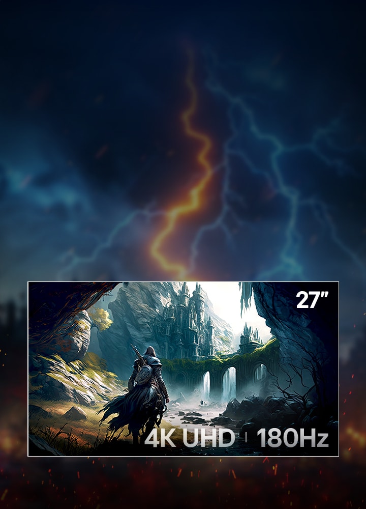 Hero banner for the LG UltraGear™ 27G810A: a fantasy warrior on horseback approaches sunlit ruins framed by a dark forest. Headline reads “Dominate with the ideal size,” followed by body copy about 4K clarity and Dual-Mode speeds. Overlay in the corner lists key specs “27″ | 4K UHD | 180 Hz.”