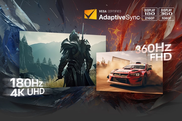Knight and race car showcasing 180Hz 4K UHD and 360Hz FHD.