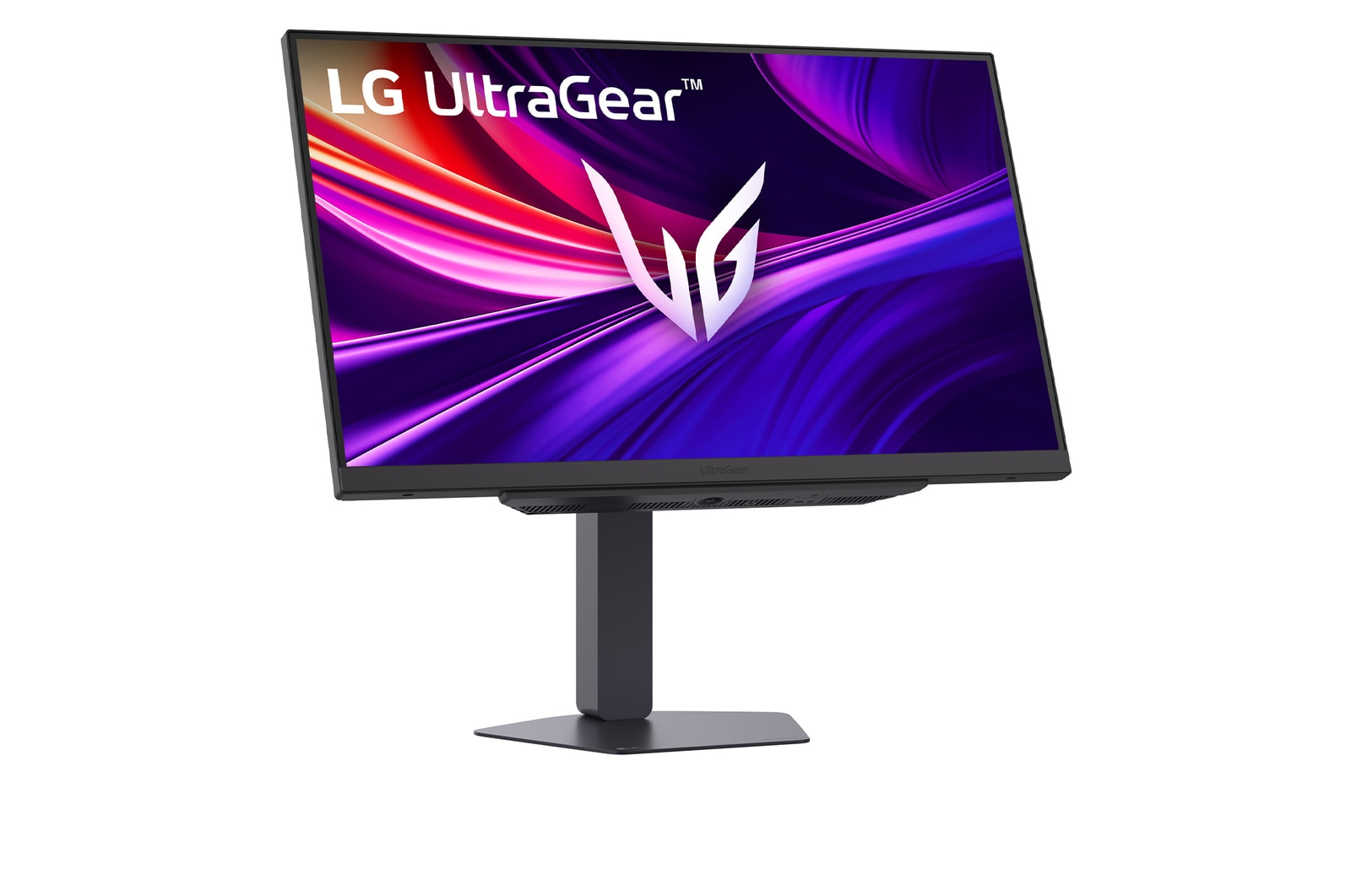 Front view of a gaming monitor displayed in a futuristic, neon-styled environment.