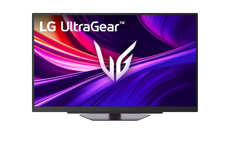 Close-up of the LG UltraGear 32-inch gaming monitor displaying a sci-fi game scene, highlighting its 16:9 QHD resolution of 2560×1440.