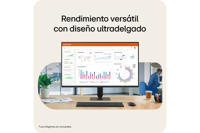 Monitor LG FHD sobre un escritorio, mostrando gráficos de un panel de control de oficina, con teclado y ratón en un entorno de trabajo.