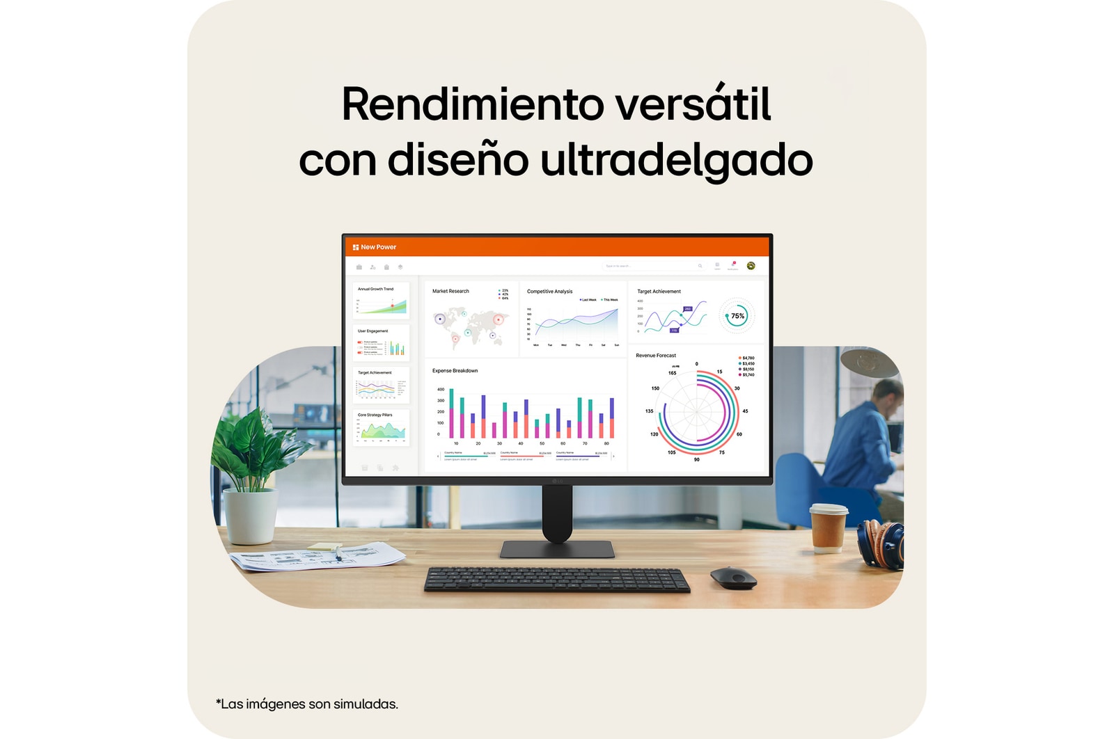 Monitor LG FHD sobre un escritorio, mostrando gráficos de un panel de control de oficina, con teclado y ratón en un entorno de trabajo.