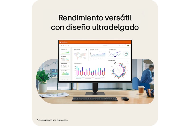 Monitor LG FHD sobre un escritorio, mostrando gráficos de un panel de control de oficina, con teclado y ratón en un entorno de trabajo.
