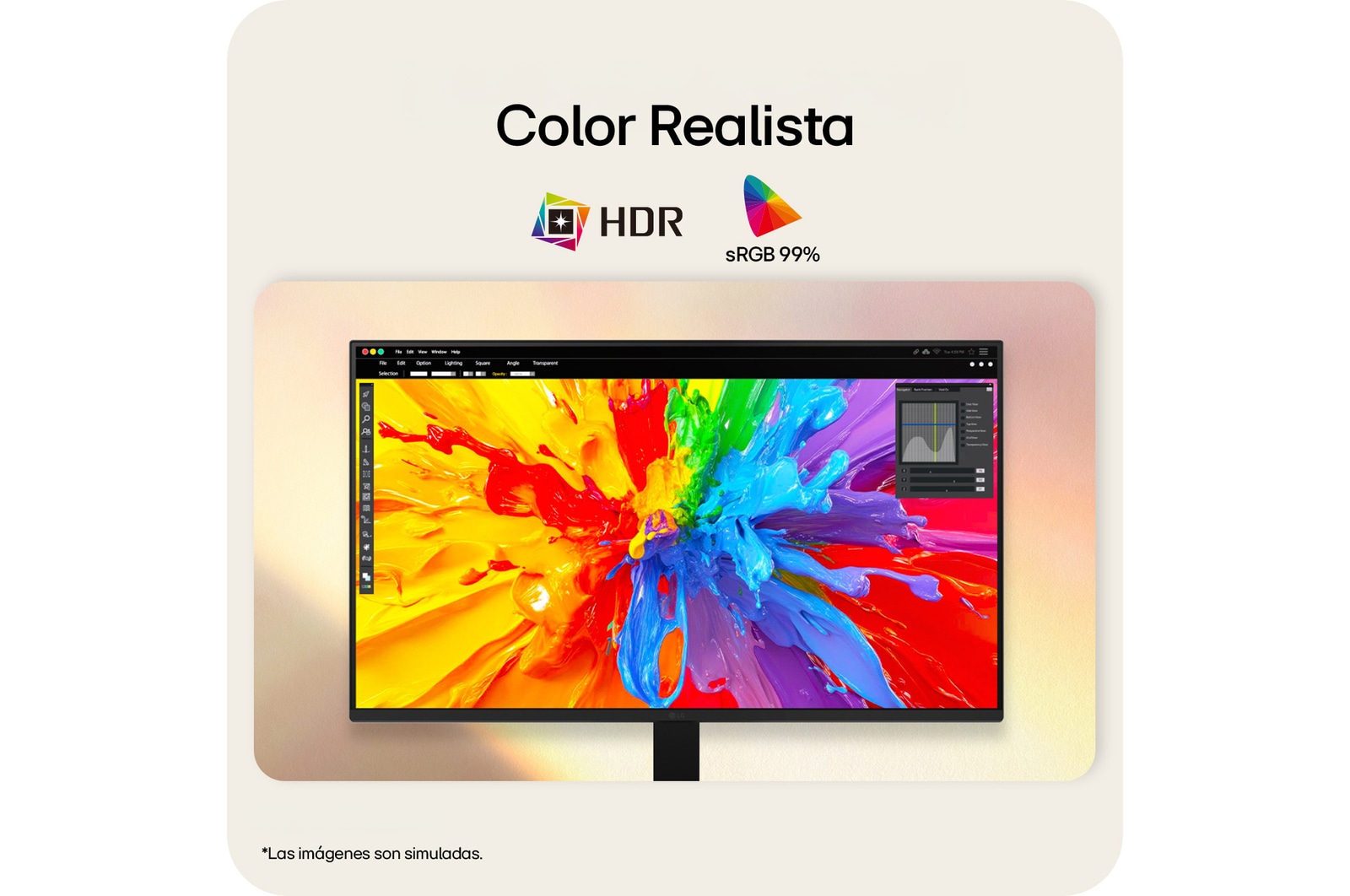 Monitor LG FHD que ofrece una imagen vibrante con soporte HDR y una cobertura de color sRGB del 99%.