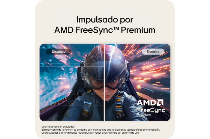 Monitor LG FHD que ilustra la tecnología AMD FreeSync Premium mediante una comparación lado a lado de los modos desactivado y activado.