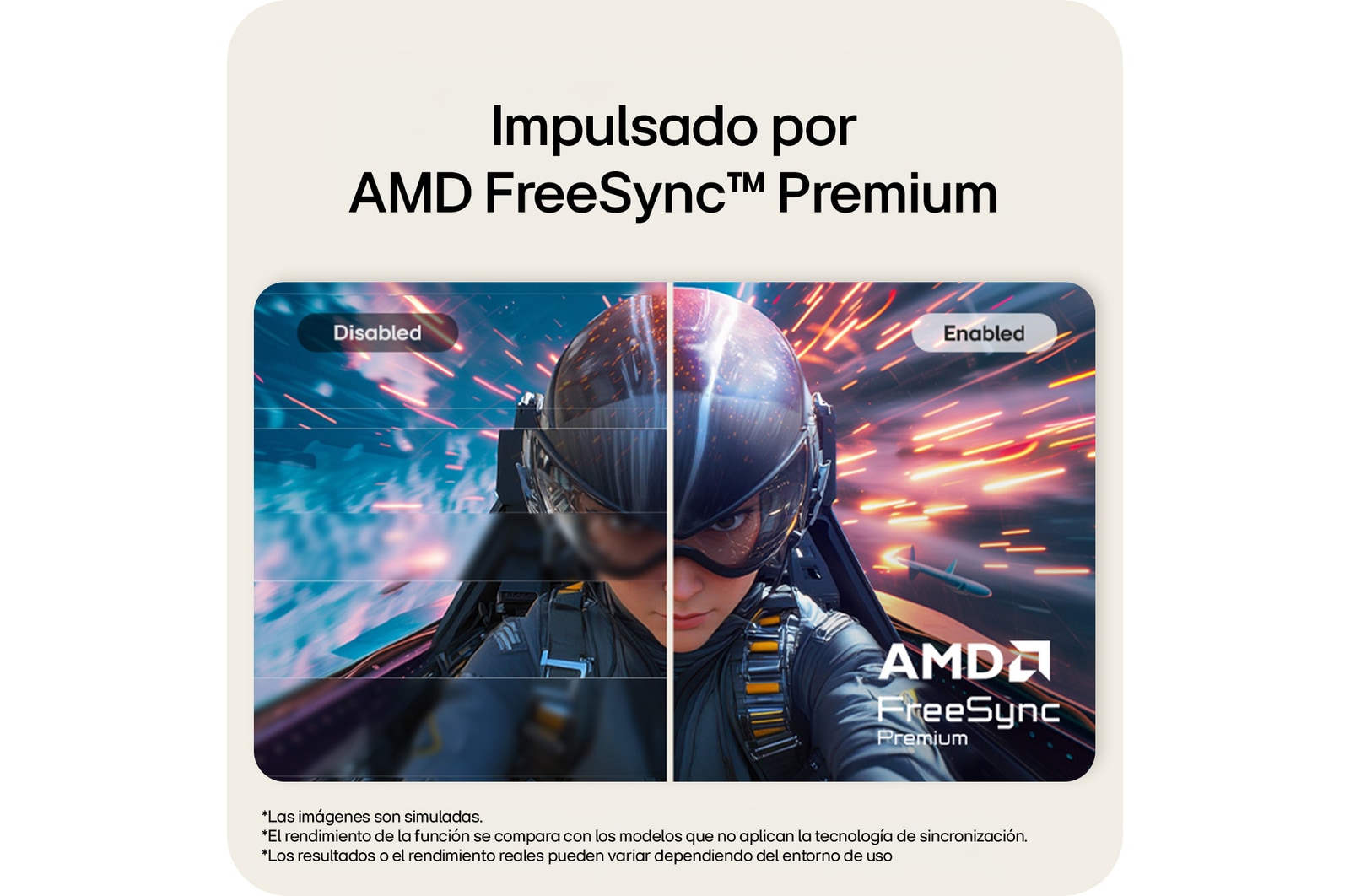 Monitor LG FHD que ilustra la tecnología AMD FreeSync Premium mediante una comparación lado a lado de los modos desactivado y activado.