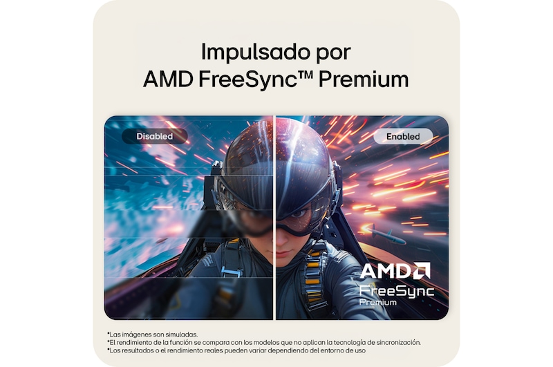 Monitor LG FHD que ilustra la tecnología AMD FreeSync Premium mediante una comparación lado a lado de los modos desactivado y activado.