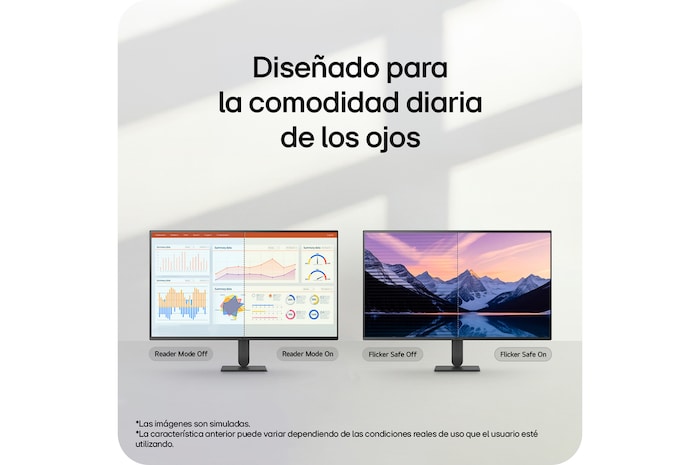 Monitor LG FHD que muestra las funciones Modo Lectura y Flicker Safe para reducir la fatiga visual.
