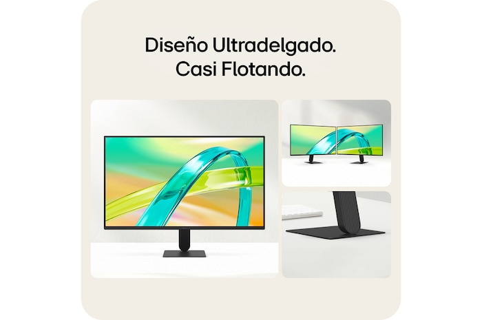 Monitor LG FHD con diseño de soporte delgado que minimiza el espacio en el escritorio y favorece una configuración de espacio de trabajo ordenada.