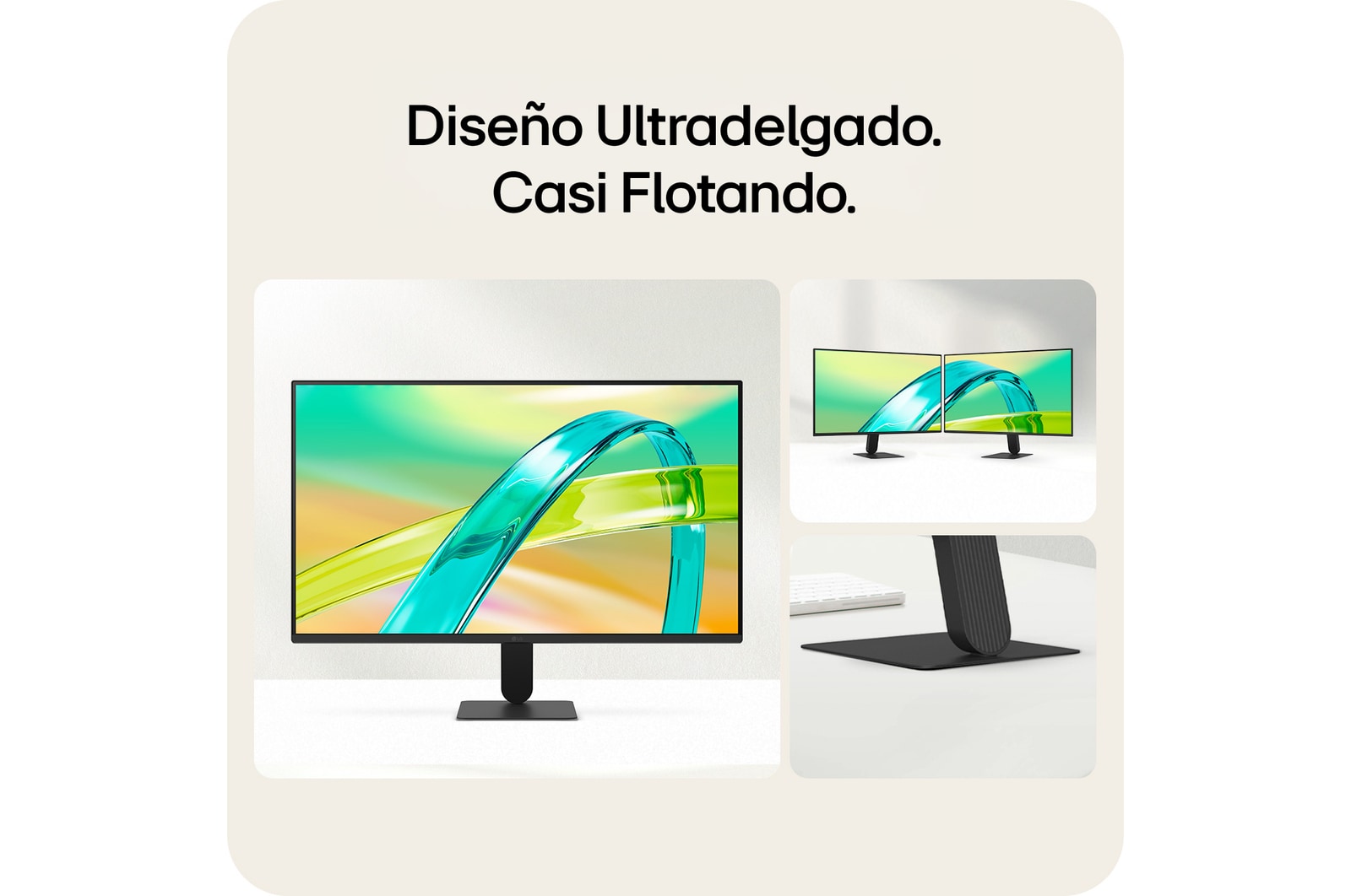 Monitor LG FHD con diseño de soporte delgado que minimiza el espacio en el escritorio y favorece una configuración de espacio de trabajo ordenada.
