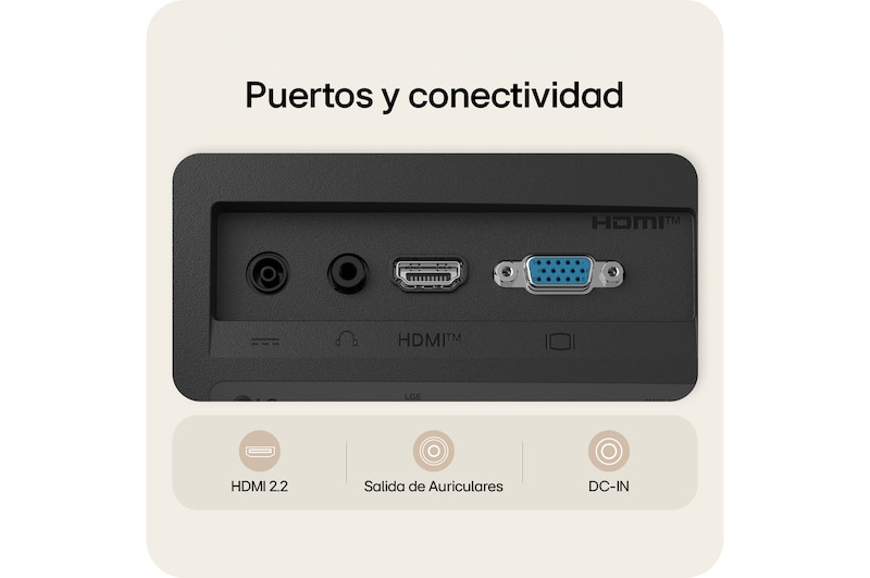 Primer plano de los puertos traseros del monitor LG FHD, incluyendo HDMI 2.2, salida de auriculares y entrada DC-IN.