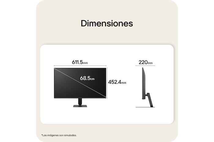Vista frontal y lateral del monitor LG FHD, con las dimensiones del producto mostradas en milímetros.