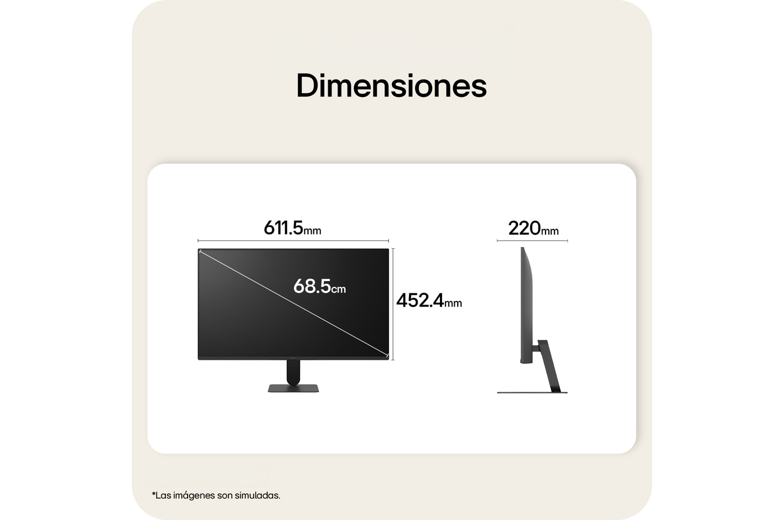 Vista frontal y lateral del monitor LG FHD, con las dimensiones del producto mostradas en milímetros.