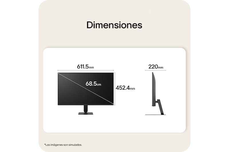 Vista frontal y lateral del monitor LG FHD, con las dimensiones del producto mostradas en milímetros.